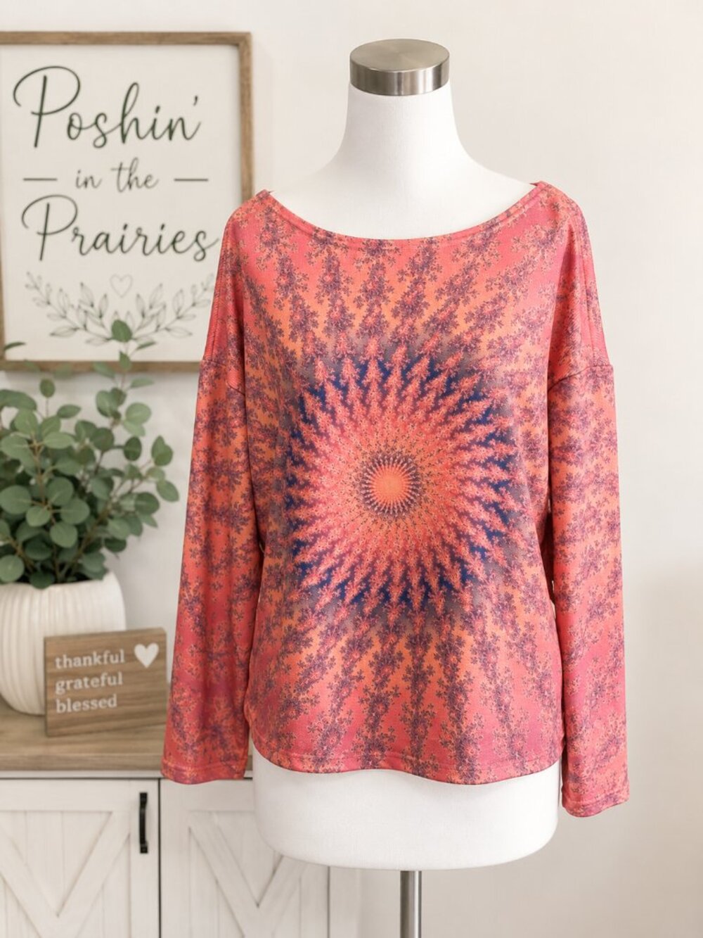 4 for $25 🌺 Mandala Print Ribbed Relaxed Fit Long Sleeve Top 🌺 XL